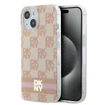 DKNY DKHMP15SHCPTSP Kietasis dėklas, skirtas iPhone 15 / 14 / 13 6,1 inch rožinis languotas monochrominis ra&scaron;tas su spausdintomis juostelėmis, MagSafe