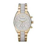 Emporio Armani AR5944 Moteri&scaron;kas laikrodis su chronografu, rožinio aukso spalvos nerūdijančio plieno korpusu ir apyranke, 38 mm