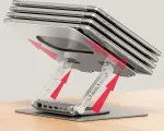 Ne&scaron;iojamojo kompiuterio stovas Unitek D1109B01 &ndash; aliumininis reguliuojamas stovas su atjungiamu USB‑C moduliu, HDMI 4K, PD 100W, 2x USB‑A, RJ‑45, tinka iki 17 colių