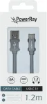 PowerRay Duomenų kabelis PR-DCUC120TGY USB-A į USB-C 1,2 m tekstilinis pilkas pintas greitas įkrovimas ir 5 Gbps duomenų sinchronizavimas