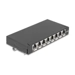 Pataisų skydelis DELOCK Mini Desktop RJ45 8 prievadų Cat.6A ekranuotas juodas, skirtas stalui, sienai arba DIN bėgiui