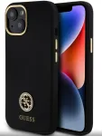 Guess GUHCP15SM4DGPK iPhone 15/14/13 6,1 inch juodas silikoninis dėklas su logotipu ir cirkoniais 4G
