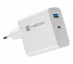 NATEC NUC-2142 belaidis mobiliojo įrenginio kroviklis, USB-C PD 3.0 + USB-A, 5&ndash;20V iki 3A, 45 W, baltas