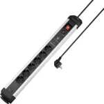Sygonix SY-6805674 6 lizdų apsauginis nuo vir&scaron;įtampių prailgintuvas su jungikliu, Schuko, 1,5 m kabelis, juodas/sidabrinis