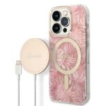 Guess GUBPP14LHJEACSP dėklas + belaidis įkroviklis Apple iPhone 14 Pro, Jungle, rožinis kietas dėklas, MagSafe