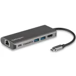 StarTech.com USB-C kelių prievadų adapteris, ne&scaron;iojamas USB-C dokas su 4K HDMI, 2 prievadų USB 3.0 &scaron;akotuvu, SD/SDHC kortelių skaitytuvu, Gigabit Ethernet, 60W PD perdavimu &ndash; USB Type-C / Thunderbolt 3
