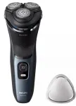 Elektrinis rotacinis skustuvas Philips 3000 Series S3144/00 &mdash; 3 galvutės, &scaron;lapias ir sausas, Li‑Jonų baterija, belaidis, įmontuotas trimeris, juoda/mėlyna