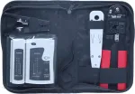 DSIT 9 dalių tinklo įrengimo ir remonto įrankių rinkinys su RJ45 presavimo replėmis, kabelių testeriu, punch down įrankiu ir užtrauktuku užsegamu dėklu (DC-TOOLSET)