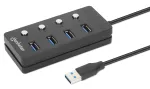 Manhattan 4 prievadų USB 3.0 Type-A &scaron;akotuvas, 5 Gbps, 1,5 m kabelis, kiekvieno prievado jungiklis, juodas