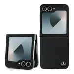 Mercedes-Benz MEHMZF623RBGVK Odinė dėklas su medžio imitacija ir MagSafe, skirtas Samsung Galaxy Z Flip6 / Z Flip7 FE, juoda