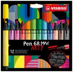 STABILO Pen 68 MAX 12 dalių ARTY Edition flomasterių rinkinys su kaltiniu antgaliu plastikiniame dėkle