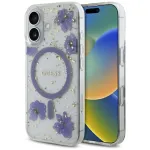 Guess Resin Flowers Glitter MagSafe Case, iPhone 16, violetinė