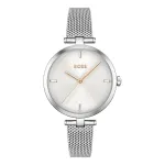 BOSS moteri&scaron;kas laikrodis 1502653 kvarcinis analoginis 32mm nerūdijančio plieno tinklelio apyrankė sidabrinis