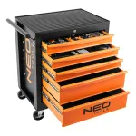 NEO TOOLS dirbtuvių spintelė su 5 stalčiais ir 117 įrankių, rutuliniais kreiptuvais, centriniu užraktu, 400 kg statine apkrova, juoda