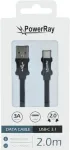 PowerRay Duomenų kabelis PR-DCUC200TBK, USB-A į USB-C, 2,0 m, tekstilinis juodas, blisteris