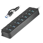USB 3.2 Gen1 7 prievadų USB mazgas su atskirais jungikliais, juodas