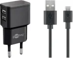Goobay Micro USB dvigubas įkrovimo rinkinys, 2.4 A, juodas, 1 m (44984)