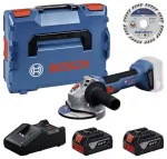 Bosch Professional GWS 18V-11 S belaidis kampinis &scaron;lifuoklis su 2x 4,0Ah baterijomis, įkrovikliu ir L-BOXX