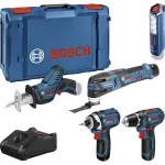 &bdquo;Bosch Power Tools&ldquo; 12V 5 dalių įrankių rinkinys GOP + GSR + GDR + GSA + GLI (mėlynas, 3x Li-Ion 2.0 Ah baterija)