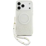 Guess IML Flowers Electro Pearl Strap MagSafe Case, skirtas iPhone 17 Pro Max, balta