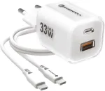 Forcell VT-41 GaN III 33W sieninis įkroviklis su 1x USB-C PD 3.0 ir 1x USB-A QC 4.0 (baltas) | Kur.lt