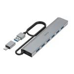 Hama 00200137 USB &scaron;akotuvas, 7 lizdai, USB 3.2 Gen 1, 5 Gbit/s, įskaitant USB-C adapterį ir maitinimo adapterį, aliuminio korpusas