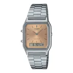 CASIO AQ-230A-4A Unisex Analoginis-Digitalinis Laikrodis, 38,8 mm, Sidabrinis Korpusas, Raudonas Ciferblatas, Nerūdijančio Plieno Apyrankė