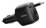 Belkin 75W 2 prievadų automobilinis įkroviklis su įtraukiamu USB-C kabeliu (CCC001HQBK)