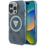 Guess IML Metal Glitter 4G Circle Triangle MagSafe Dėklas, skirtas iPhone 16 Pro Max (Mėlyna)