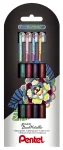 Pentel Dual Metallic Gel Pen rinkinys &ndash; 4 spalvos (žalia, oranžinė, rožinė, violetinė) &ndash; 0,5 mm smulkus antgalis &ndash; plastikinis korpusas &ndash; lizdinė pakuotė
