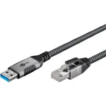 Ethernet kabelis USB-A 3.2 Gen1 ki&scaron;tukas > RJ-45 ki&scaron;tukas, LAN adapteris juodas/sidabrinis, 1,5 m, pintas tekstilinis apvalkalas