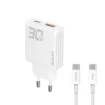 Dudao A30EU GaN 30W USB-C USB-A sieninis įkroviklis su USB-C į USB-C laidu 1m baltas