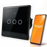 Qoltec 52713 i&scaron;manusis jutiklinis &scaron;viesos jungiklis 3 sekcijų Wi-Fi laikmatis Tuya Smart Life grūdinto stiklo juodas