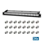 LogiLink PrimeLine 24 prievadų ekranuotas Cat.6A Keystone patch panelis, 19 colio 1U, juodas (RAL9005), 24x Keystone moduliai pridėti NK5001