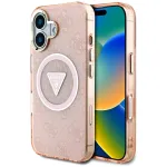 Guess IML Metal Glitter 4G Circle Triangle MagSafe Dėklas, skirtas iPhone 16 (rožinis)