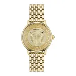 VERSACE V-Circle unisex &scaron;veicari&scaron;kas kvarcinis laikrodis 38 mm, nerūdijančio plieno, juodas ciferblatas, odinė apyrankė VE6F00623
