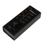 StarTech.com ST4300U3C3 4 prievadų USB 3.0 &scaron;akotuvas su 3 skirtais USB įkrovimo prievadais (2 x 1A ir 1 x 2A) &ndash; montuojamas ant sienos metaliniame korpuse