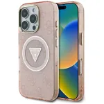 Guess IML Metal Glitter 4G Circle Triangle MagSafe Back Cover, skirta Apple iPhone 16 Pro (Pink)
