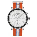 TISSOT T-Sport Quickster vyri&scaron;kas &scaron;veicari&scaron;kas kvarcinis chronografinis laikrodis 42 mm baltu ciferblatu ir oranžiniu nailono dirželiu T09547170371