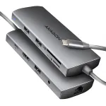 Axagon HMC-8HLSA, USB 5Gbps stotelė, 3x USB-A, HDMI 4K/60Hz, RJ-45, SD/microSD, garsas, PD 100W