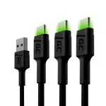 Green Cell Ray KABGCSET02 USB-A į USB-C kabelių komplektas (3 vnt.), 1,2 m, 480 Mbps, žalias LED pa&scaron;vietimas