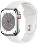 Apple Watch Series 8 GPS + Cellular 41mm nerūdijančio plieno korpusas su sportine apyranke, sidabrinė/balta (MNJ53EL/A)
