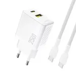 Dudao A26TCEU PD QC 25W GaN USB-A USB-C sieninis įkroviklis su USB-C laidu Baltas
