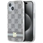 DKNY DKHMP15SHCPTSE Kietas dėklas, skirtas Apple iPhone 15 / 14 / 13 6,1 inch smėlio spalvos languotu mono ra&scaron;tu ir spausdintomis juostelėmis, su MagSafe