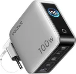 UGREEN 100W GaN Tech Nexode Pro 5-in-1 sieninis įkroviklis su i&scaron;maniuoju ekranu ir jutiklinio valdymo funkcija, 4x USB-C ir 1x USB-A, pilkas 65620