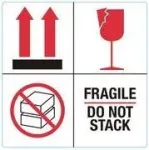 RILLPRINT 76930 FRAGILE / DO NOT STACK įspėjamieji lipdukai, nuolatinis klijavimas, popierius, balti/raudoni/juodi, 100 x 50 mm, 500 lipdukų rulone