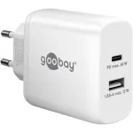 USB-C dvigubas greitas įkroviklis, PD, GaN, 65 W (baltas, 1x USB-C, 1x USB-A, Power Delivery)