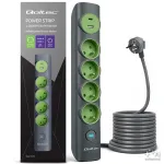 Qoltec 52762 maitinimo ilgintuvas su pa&scaron;viečiamu i&scaron;jungikliu, 4 įžeminti lizdai, 1 x USB-C 15 W, 1 x USB 12 W, 1,8 m