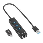 SHARKOON USB 3.2 Gen 1 3 prievadų aliumininis USB centras + Ethernet juodas