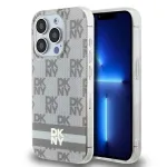 DKNY DKHMP15LHCPTSE Kietas dėklas, skirtas Apple iPhone 15 Pro 6,1 inch su &scaron;achmatų ra&scaron;tu ir dryžiais, MagSafe, smėlio spalvos